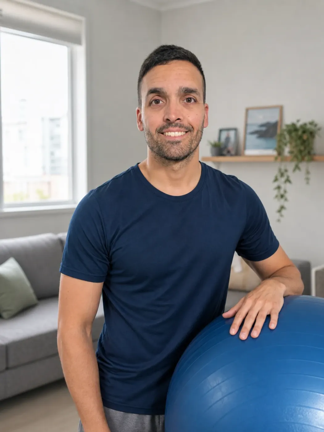 Daniel Ávila, fisioterapeuta, en un domicilio con una pelota de ejercicio